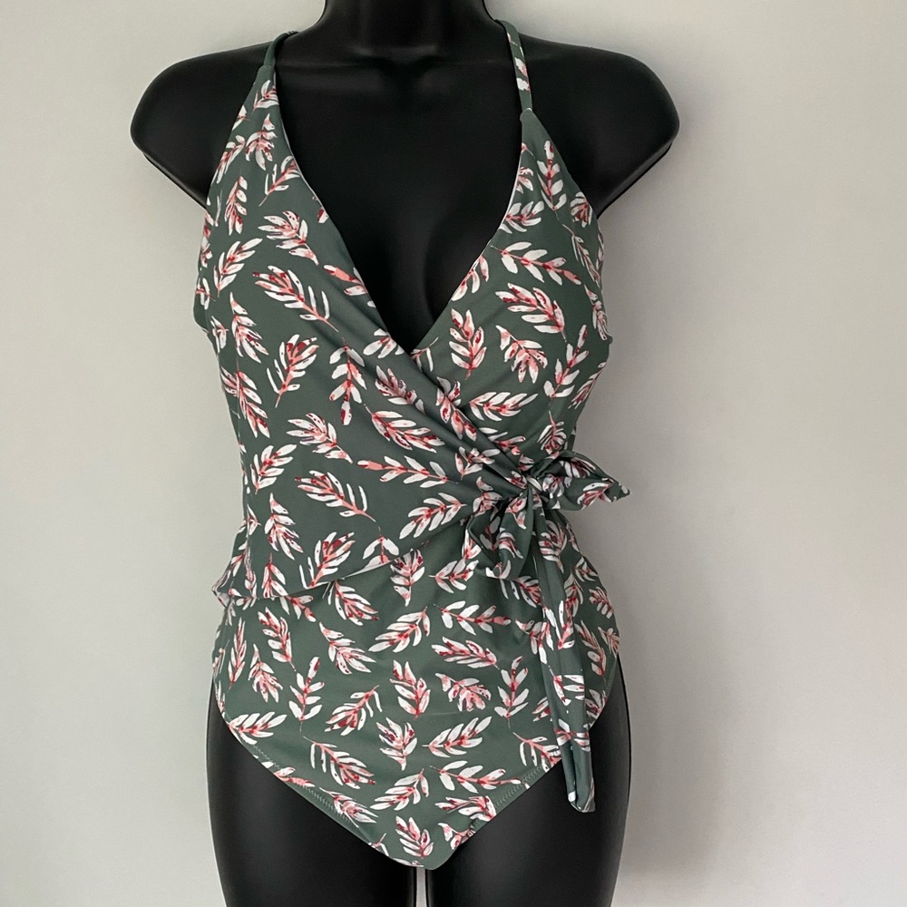 Cupshe green, pink with red designs, stripes cross on back and V cut at front